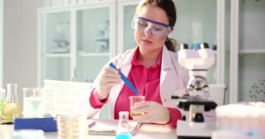 Kadın doktor idrarda enfeksiyon ve çeşitli maddeler arıyor. Laboratuvarda yağ veya sarı sıvının incelenmesi