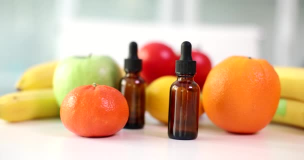 Various Fresh Fruits Oils Table Natural Cosmetic Oils Skin — Vídeo de Stock