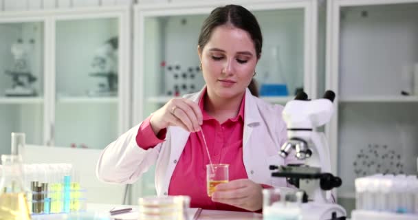 实验室科学家把装有尿液的容器和试纸的特写放在一起 化验室尿毒症 — 图库视频影像