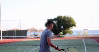 Professional tennis player plays tennis on the court. hit ball with a racket. Ball is suspended in air