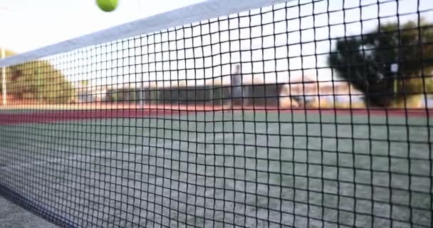 Tennis Ball Hits Net Blurred Tennis Court Achievements Statistics Victories — ストック動画