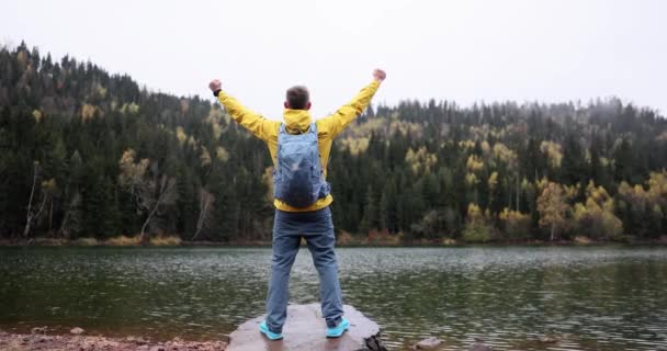 Successful Traveler Backpack Looks Distance Lake Mountains Rejoices Achievement Goal — Stock videók