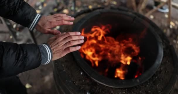 孤独的游客或无家可归的人在夜间取暖 大自然中的露营 — 图库视频影像