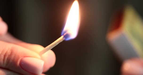 Hand Lighting Match Fire Closeup Movie Slow Motion Electricity Problems — Vídeo de Stock