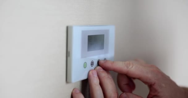 Human Hands Adjust Room Temperature Digital Thermostat Apartment Climate Control — Video