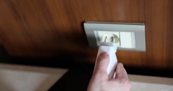 Closeup Man Inserting Plug Socket Charging Smartphone Phone Charging — Vídeo de stock