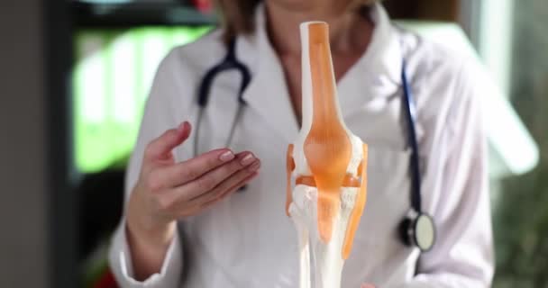 Mão Médico Aortopédico Apontando Para Modelo Anatomia Articulação Joelho Fisioterapia — Vídeo de Stock