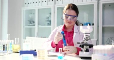 Bilimadamları, su yağlı çözeltiyi laboratuvar vitrininde tanımlıyor. Kimyager, cam içinde kimyasal reaksiyonla laboratuvar aleti tutuyor.