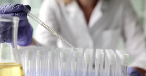Scientist Drips Pipette Test Tube Transparent Liquid Laboratory Toxic Substances — Video Stock