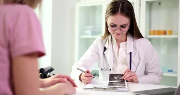 Jinekolog Doktor Klinikteki Kadına Danışıyor Ultrason Taramasını Tartışıyor Dişi Üreme — Stok video