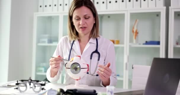 Oftalmolog Berättar Struktur Anatomisk Modell Ögat Kirurgisk Behandling Och Medicinsk — Stockvideo
