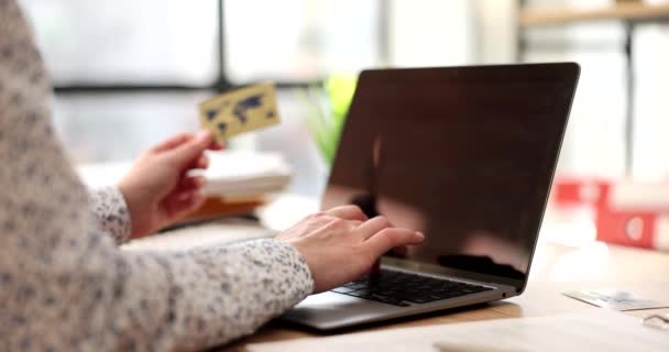 Woman Hand Holds Bank Card Makes Online Order Online Shopping — Stockvideo