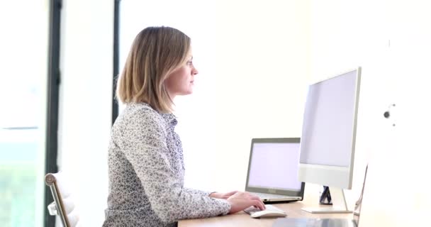 Serious Pensive Business Woman Working Computer Laptop Successful Career Multitasking — 图库视频影像
