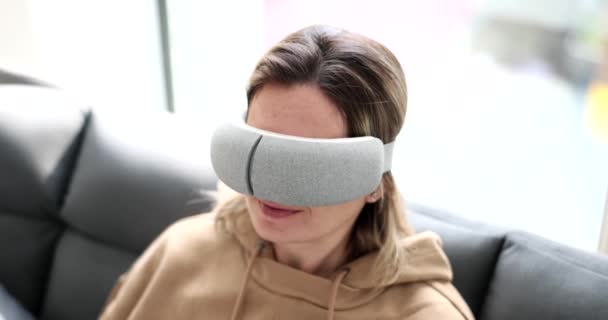 Portrait Woman Wearing Virtual Massage Glasses Eye Massage Device Treatment — Stock Video