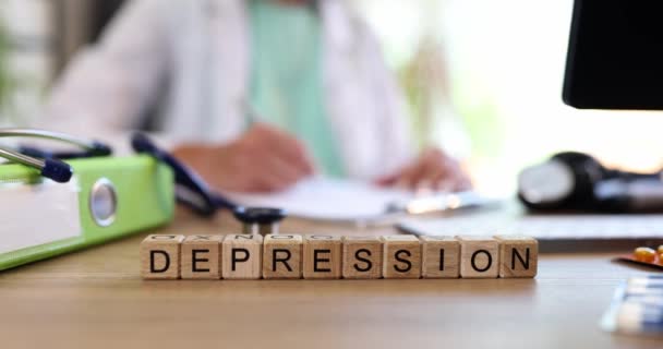 Text Depression Symptom Diagnos Och Behandling Kliniken Depression Orsakar Symtomdiagnos — Stockvideo