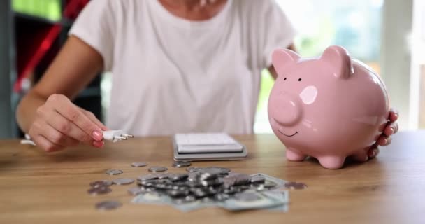Woman Holds Electric Plug Pink Piggy Bank Closeup Electricity Tariffs — 图库视频影像