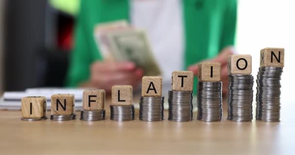 Letters Inflation Wooden Cubes Stacks Coins Table Rising Costs Inflation — Stock Video