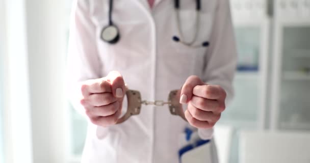 Doctor Cardiologist Therapist Hands Handcuffs Plastic Surgeon Arrested Medicine Crime — Stockvideo