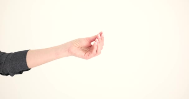 Woman Hand Makes Gesture Asking Money Fingers White Background Asking — Vídeo de Stock