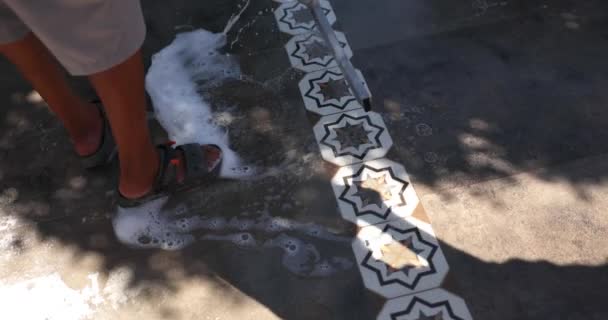 Man Washes Marble Tiles Street Close Detergents Cleaning Equipment Floor — 图库视频影像
