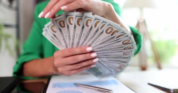 Womens Hands Office Hold Dollars Close Counting Money Enterprise Profit — Vídeos de Stock