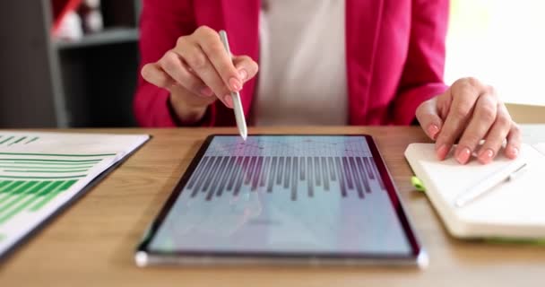 Uma Mulher Escritório Percorre Estilete Tela Tablet Close Local Trabalho — Vídeo de Stock