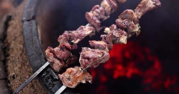 Delicious Shashlik Skewers Fries Tandoor Close Slowmotion Finished Meat Barbecue — Stock video