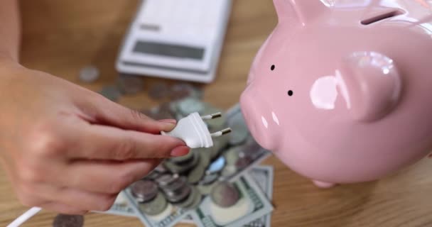 Housewife Hand Inserting Electric Plug Piggy Bank Closeup Movie Slow — Wideo stockowe