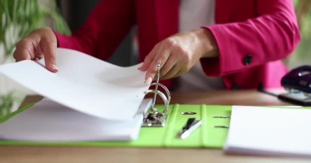 Woman Manager Putting Documents Folder Closeup Movie Slow Motion Custody — Vídeos de Stock