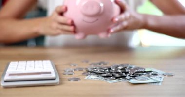 Female hand with piggy bank and calculator on office table. Paper dollars and coins savings crisis and inflation