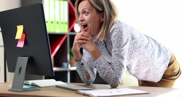 Excited Woman Looking Laptop Screen Rejoices Good News Happy Girl — ストック動画