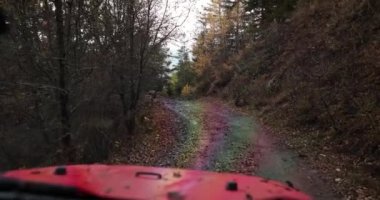 View from driving car on dirt road in forest. Car goes up the mountain and extreme auto tourism