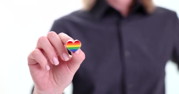 Woman Holding Heart Icon Lgbt Flag Hands Closeup Love Lgbt — ストック動画
