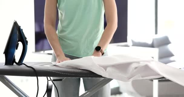 Woman Hands Ironing White Shirt Ironing Board Rules Ironing Clothes — Stok video