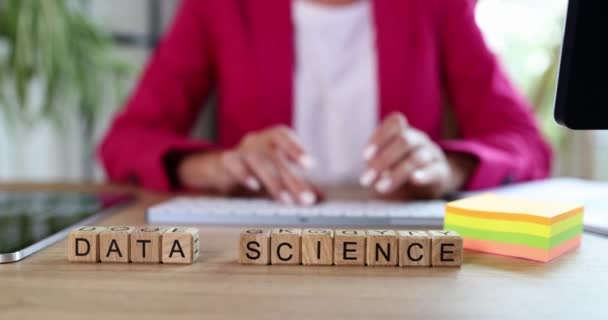 Data Science Words Cubes Woman Scientist Working Analytical Data Computer — Wideo stockowe