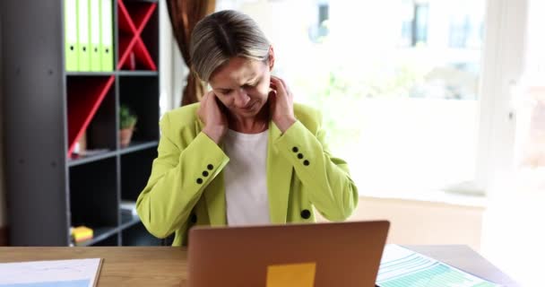 Businesswoman Sits Computer Holds Sore Neck Hand Sedentary Problems Spine — Vídeo de Stock