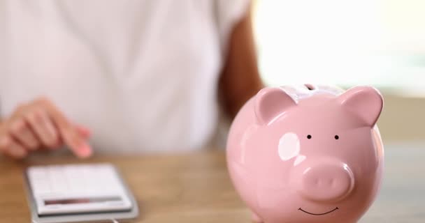 Mulher Conta Despesas Calculadora Plugue Elétrico Com Banco Piggy Rosa — Vídeo de Stock