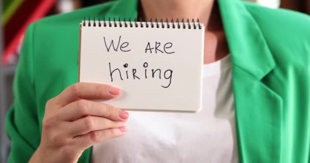 Hands Woman Holding Paper Inscription Hiring Job Search Employees Vacancies — Wideo stockowe