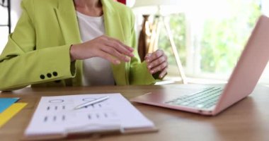 Chat for virtual video conferencing on laptop female hands cheering. Remote business conference and training