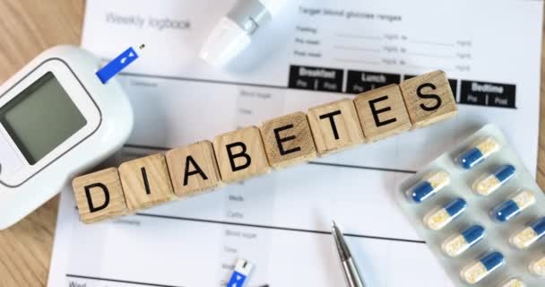 Glucometer Lancet Pens Medical Tablets Diabetes Blood Sugar Control Concept — ストック動画