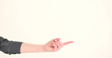 Woman hand holding finger points and calls. Flit invitation gesture and call