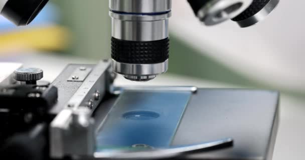 Scientist Doses Drop Pipette Closeup Examination Microscope Study Toxic Poisonous — Stockvideo