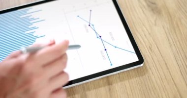 Business woman working with financial report and drawing question mark on tablet. Woman accountant analyzes charts and graphs on gadget