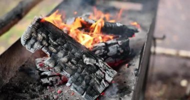 Closeup of burning firewood outdoors. Camping travel and barbecuing on open fire concept