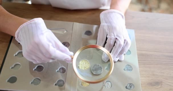 Νομισματολόγος Εξετάζει Νόμισμα Από Συλλογή Μέσω Μεγεθυντικού Φακού Μελέτη Της — Αρχείο Βίντεο