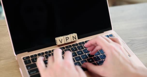 Vpn Abbreviation Hands Laptop Desktop Vpn Services Designed Protect Data — Stockvideo