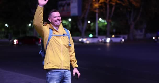 Man Mobile Phone Hand Emotionally Joyfully Meets His Friends Street — Stock video