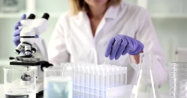 Scientist Takes Out Checks Transparent Test Tubes Laboratory Preparation Chemical — Vídeos de Stock