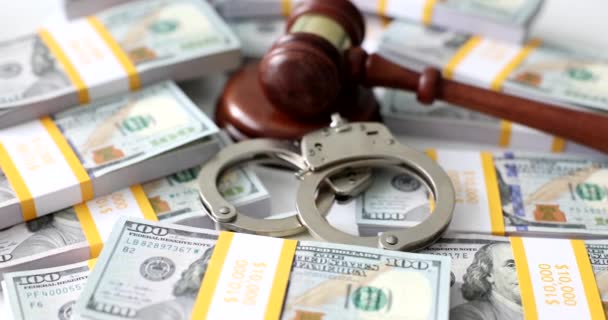 Many Dollar Bills Judge Gavel Police Handcuffs Court Table Litigation — Stockvideo