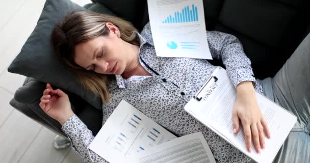Tired Woman Sleeping Couch Business Documents Overworked Female Entrepreneur Gives — Vídeos de Stock